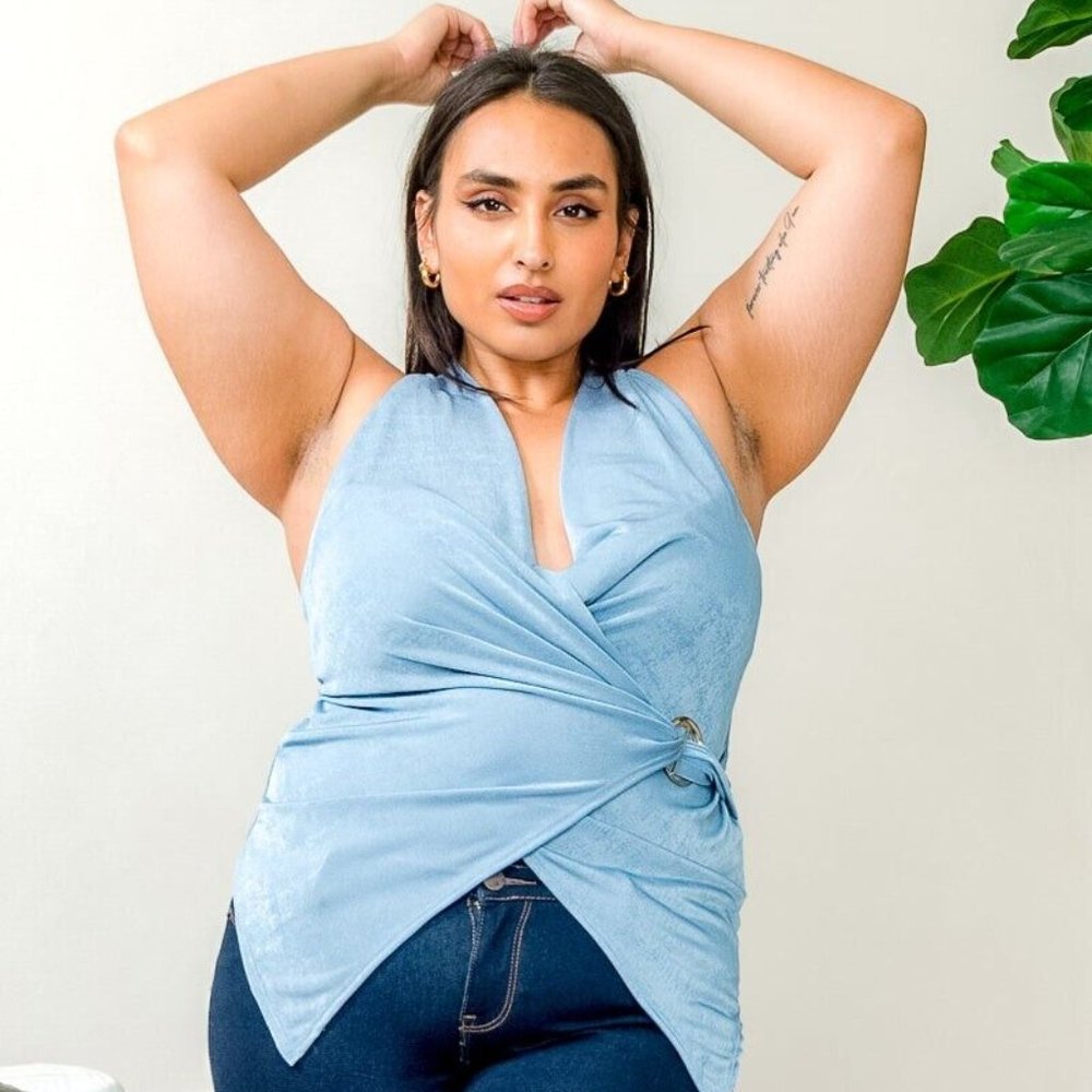 Plus Size Halter V Neck Surplice Wrap Top With Silver Metal O Ring 1XL